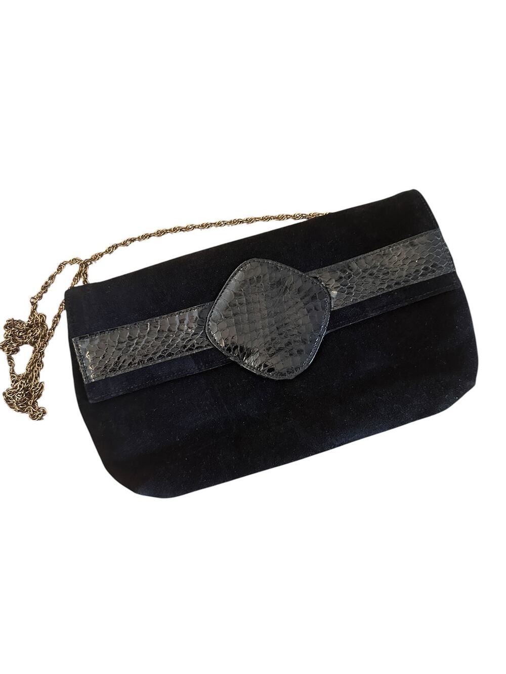 Ruth E. Saltz Black Suede Envelope Bag with Chain Strap